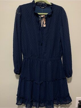 Textured Navy Long-Sleeve Tiered Dress with Tie Neck